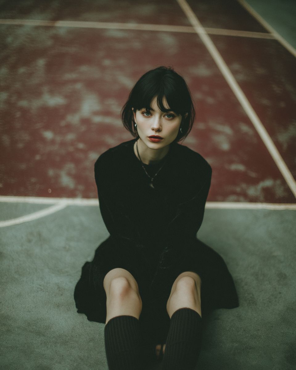 一位年轻女孩穿着黑色Adidas裙子和长袜，坐在网球场上，脚交叉，展现现代时尚的极简风格