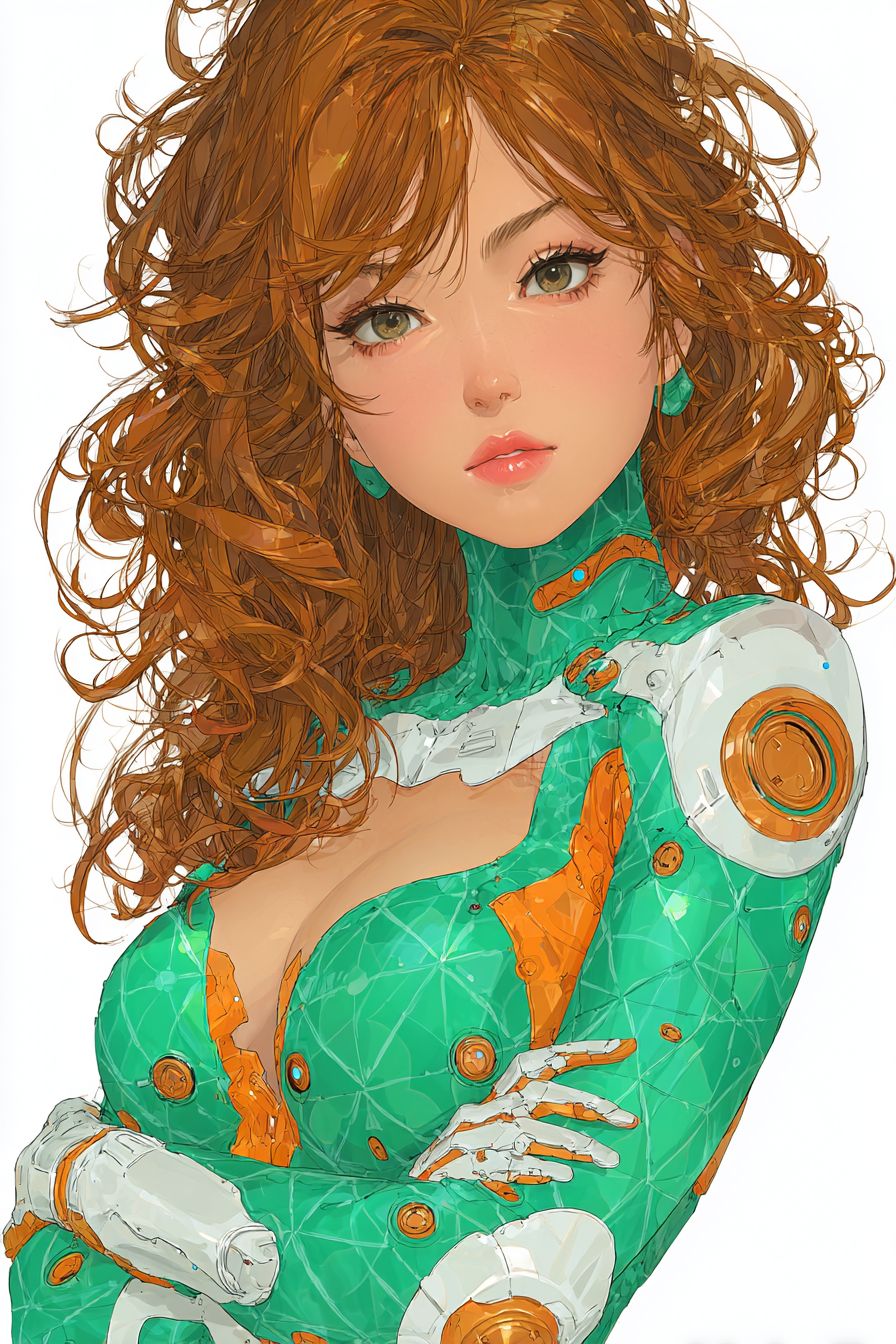 これは27歳のブラジルのAIアシスタントSARAのアニメスタイルのイメージで、タイトな未来的な衣装を着ています