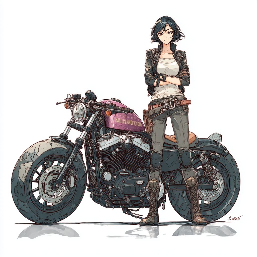 Японская женщина средних лет, занимающаяся кафе-рейсингом на Harley-Davidson