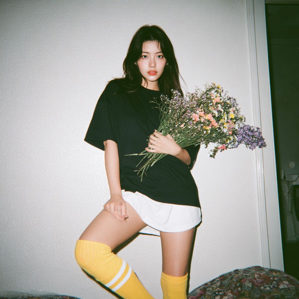 Uma mulher asiática vestindo uma camiseta preta oversized e uma saia mini branca está posando com flores e mostrando uma perna