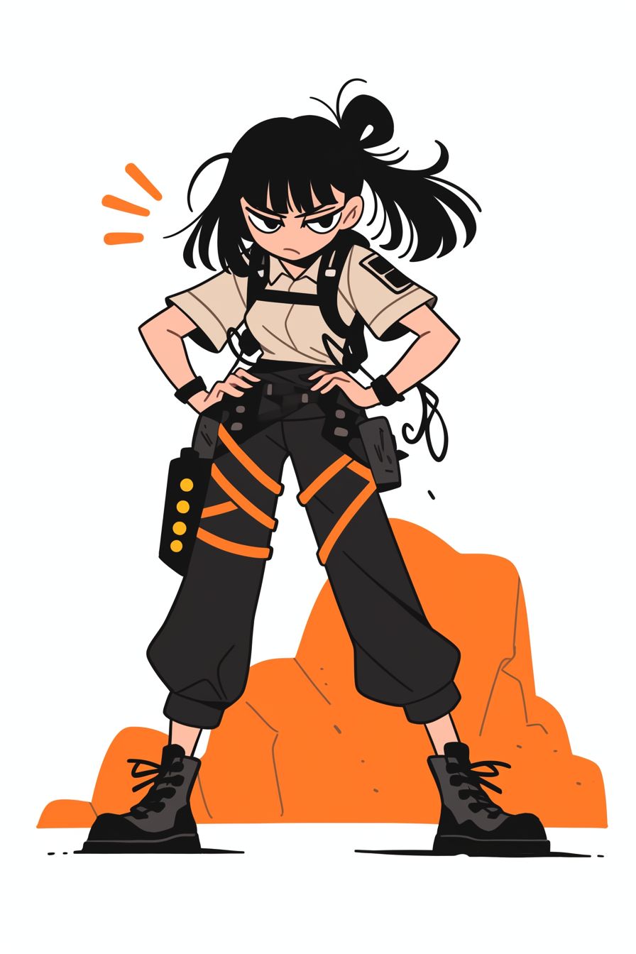 Una feroz chica de estilo anime inspirada en Mikasa Ackerman de Ataque a los Titanes, con chaleco táctico, pantalones cargo y botas, en una ciudad distópica