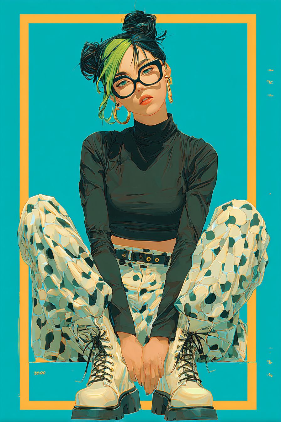 Jolyne Cujoh trägt einen stilvollen schwarzen Cropped-Pullover und einen Rock mit Spinnennetzmuster vor einem neonblauen Hintergrund
