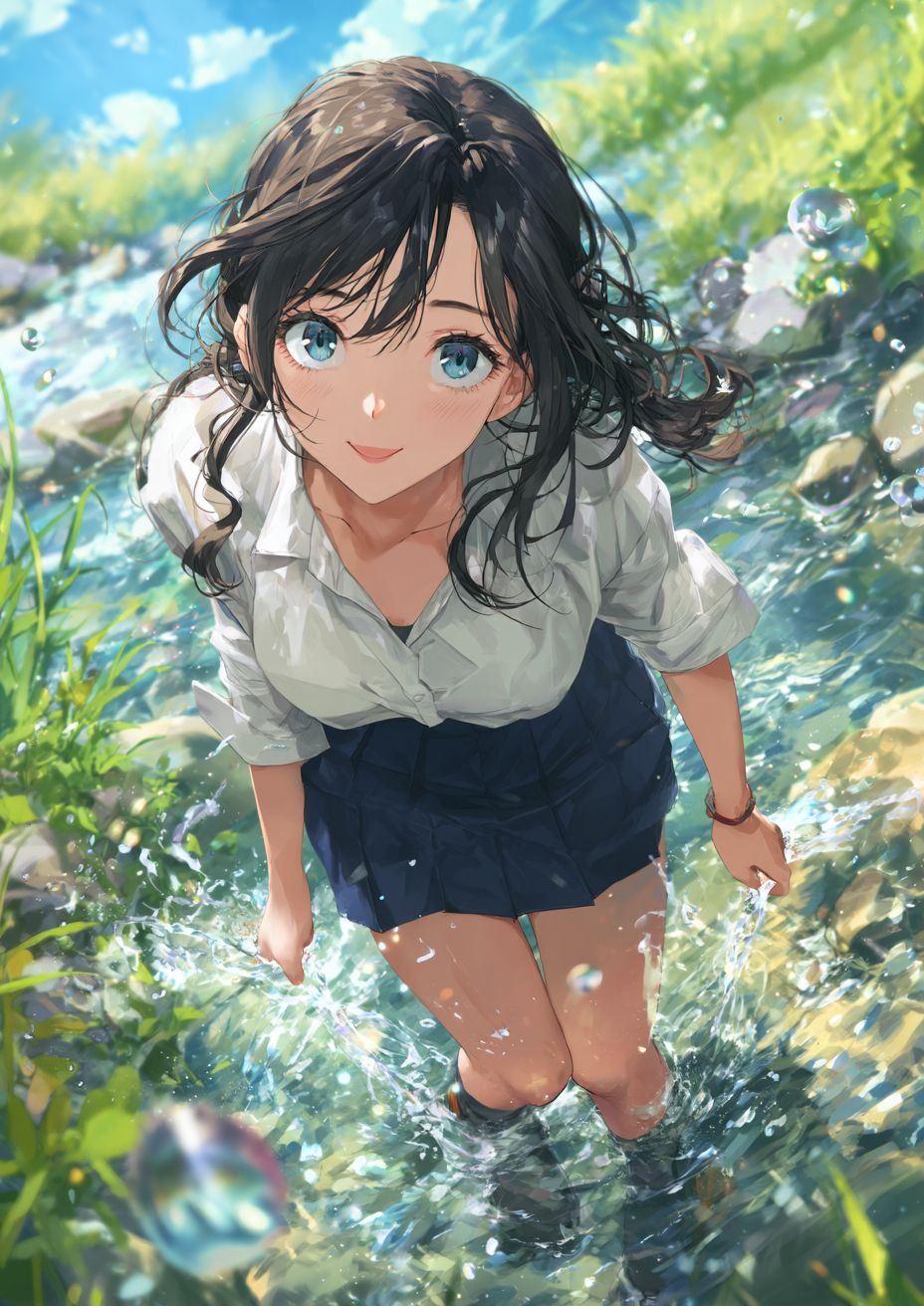 アニメの美少女が夏の川で遊んでいる