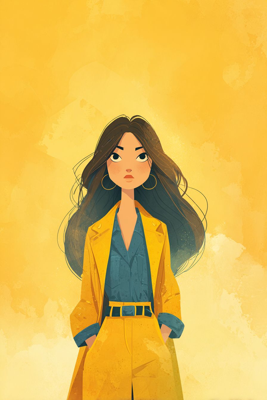 A ilustração apresenta uma bela de cabelo longo e elegante, mostrando os detalhes de sua roupa e características faciais