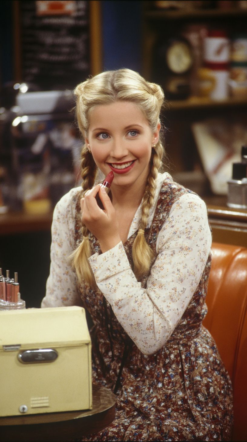 Phoebe Buffay aus Friends trägt ein weißes langes Kleid und einen Blumengilet und trägt Lippenstift auf