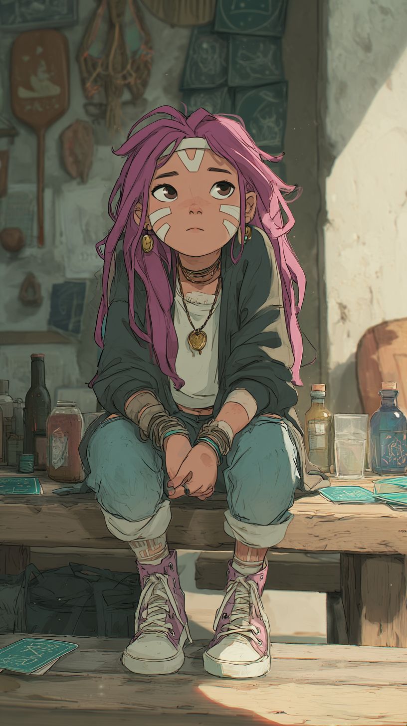 디즈니 애니메이션 스타일의 젊은 마녀, 긴 분홍색 머리, 흰색 샤먼 얼굴 문신, 흰색 컨버스 스니커즈와 캐주얼 청바지를 입고 나무 테이블에 앉아있고, 배경에는 아늑한 힙스터 카페가 있으며 자연광과 작은 마법 요소가 있다