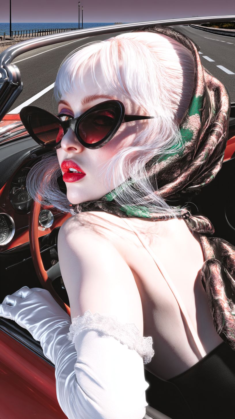 Une femme aux cheveux blancs conduit une décapotable portant des lunettes de soleil et des gants blancs, avec la route côtière italienne en arrière-plan
