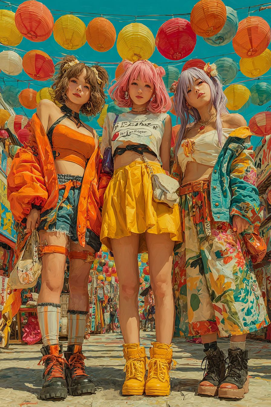 Rihanna, Scarlett Johansson, and Zendaya in colorful cosplay outfits at a vibrant convention