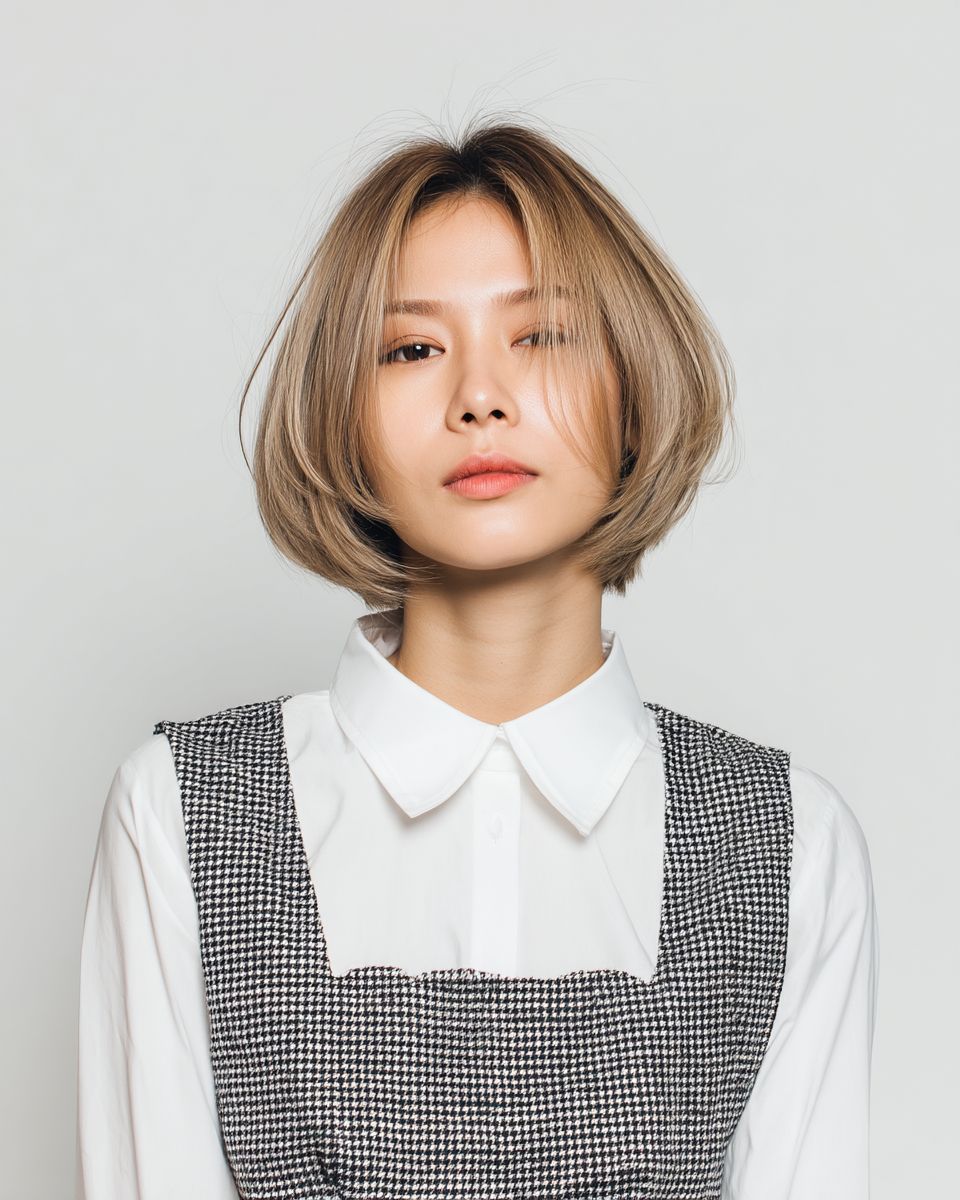 Frontansicht eines geschichteten Bob-Haarschnitts, Oberkörperfoto einer koreanischen Frau vor einem weißen Hintergrund.