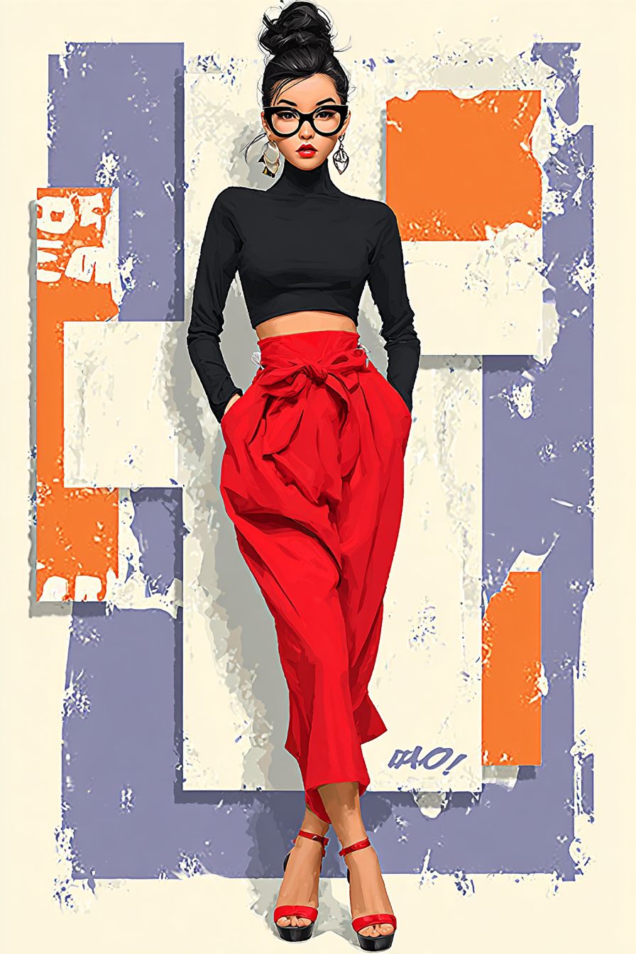 Uma ilustração de moda mostra o estilo de Chi-Chi, fundindo arte pop com estilo de rua