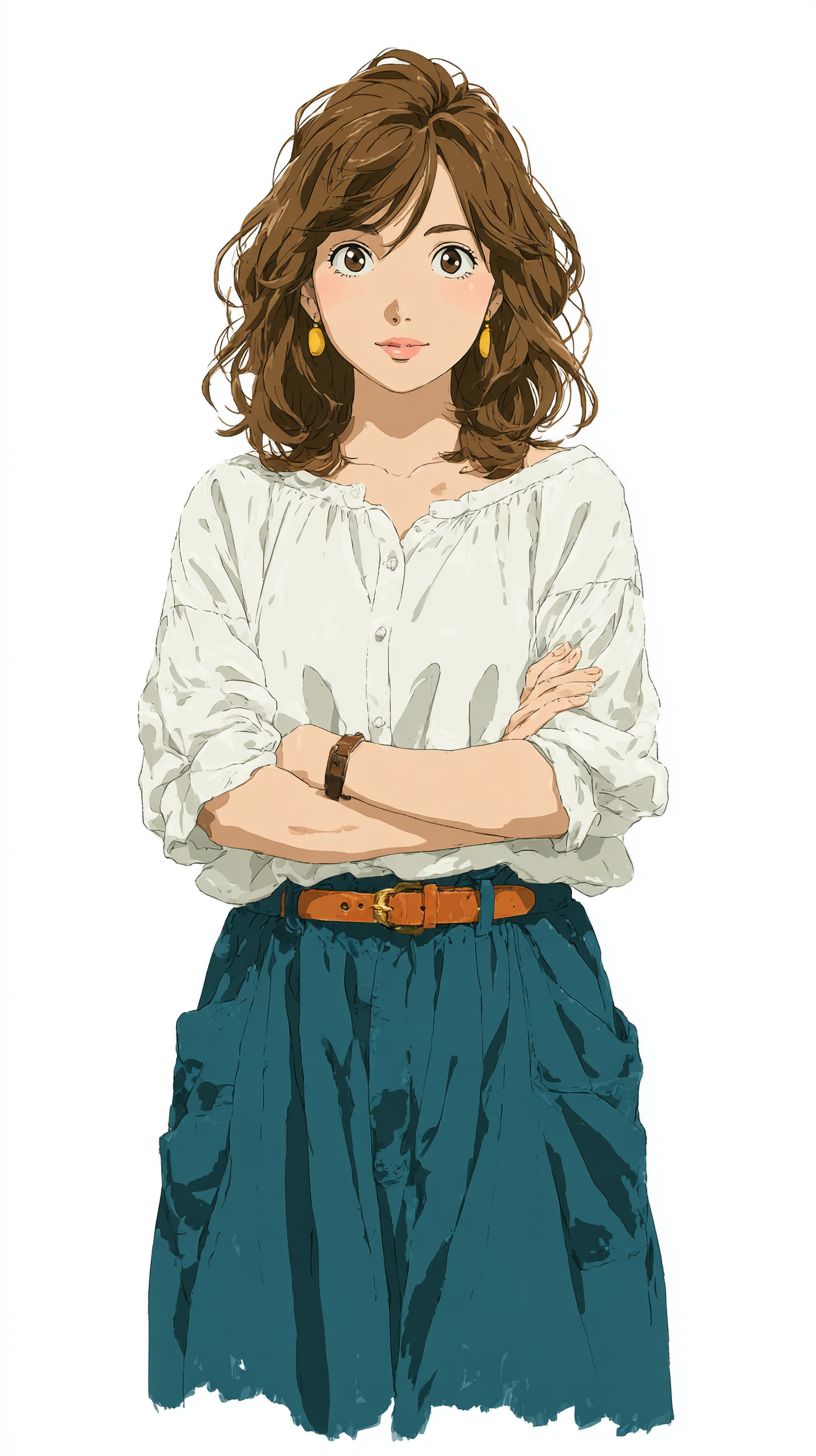 Une femme japonaise dans la fin de la vingtaine, cheveux châtains mi-longs, portant une blouse blanche et une jupe bleu marine, affichant une expression calme