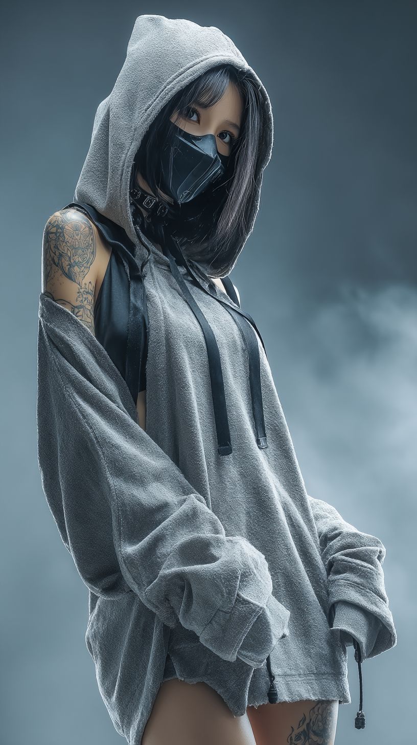 Ein Ganzkörperporträt einer koreanischen Frau in einem übergroßen Hoodie und einer schwarzen Maske