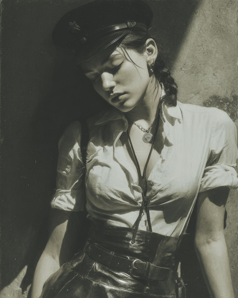 Strict female Gestapo officer in latex, caricature drawing style