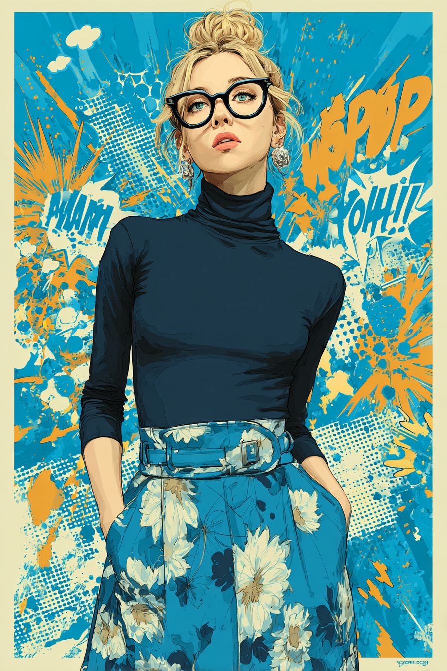 Esta é uma ilustração de moda da Saber com um suéter preto e uma saia azul blindada