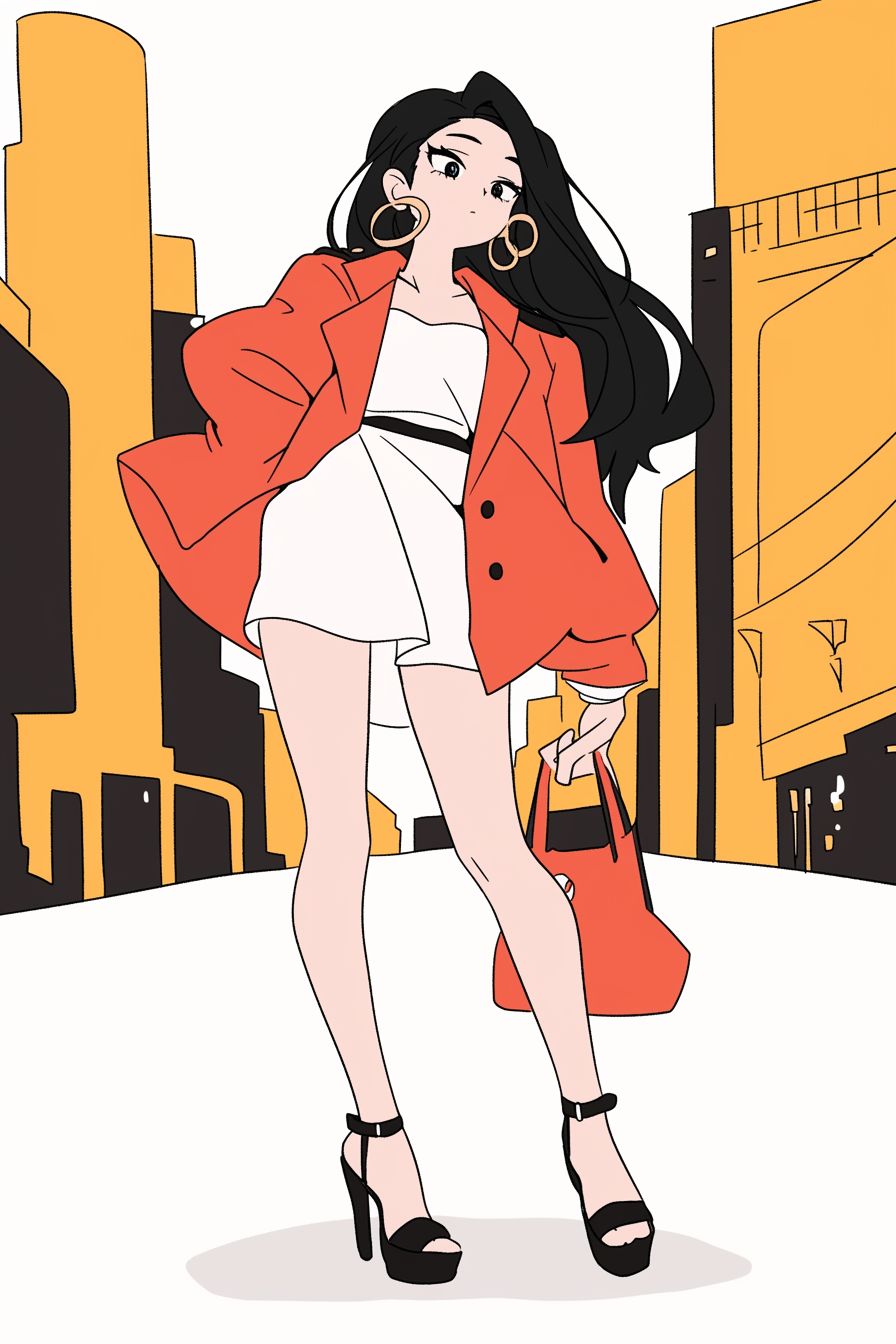 赤いブレザーと白いドレス、ハイヒールを履いた優雅なアニメスタイルの女の子が贅沢な都市広場にいる