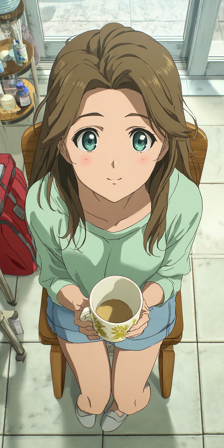 Ein Mädchen sitzt entspannt auf einem Stuhl und hält eine süße Tasse