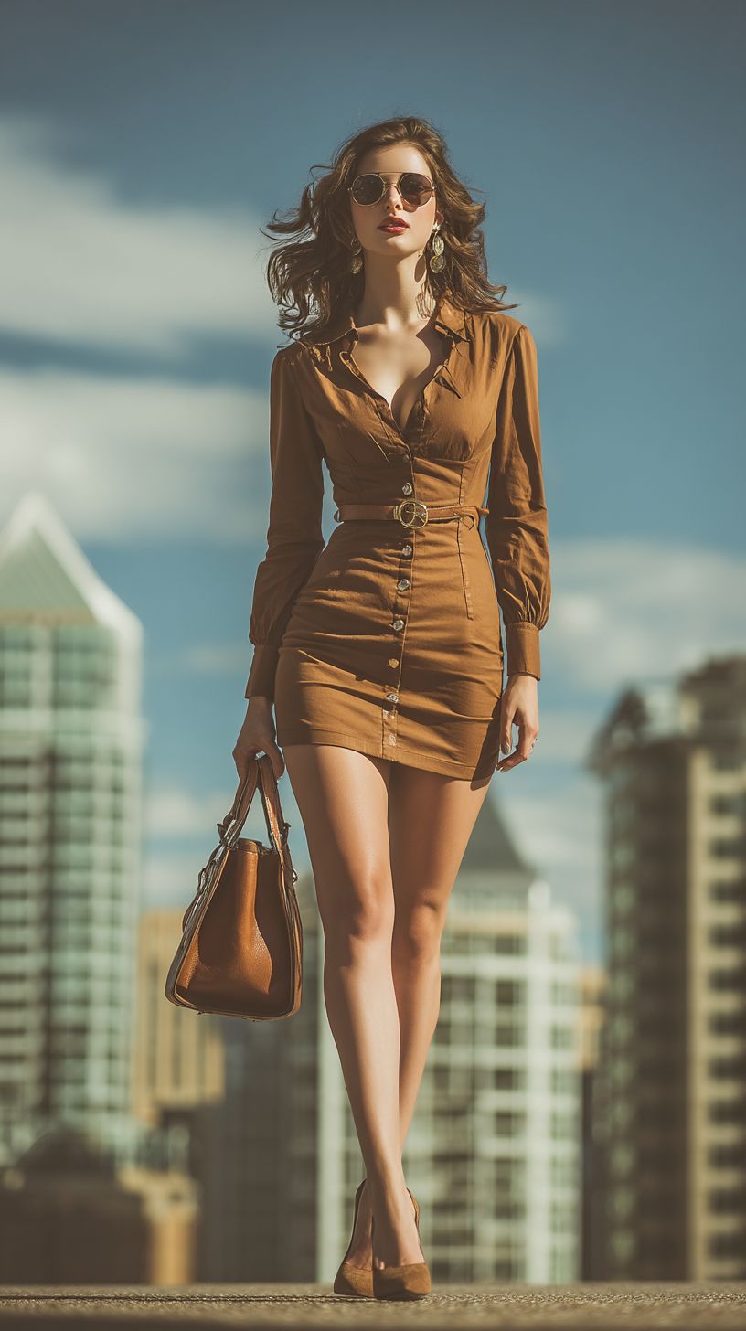 Une femme confiante de 28 ans porte une robe brune élégante avec des talons élégants, un sac en cuir et des lunettes de soleil dans un cadre urbain
