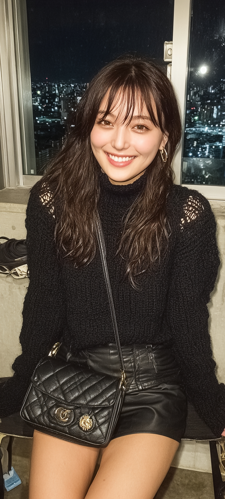 Una mujer japonesa de 20 años sentada y sonriendo en Starbucks, vistiendo una falda con abertura y zapatos de cuero de lujo, mostrando un maquillaje perfecto y elegancia