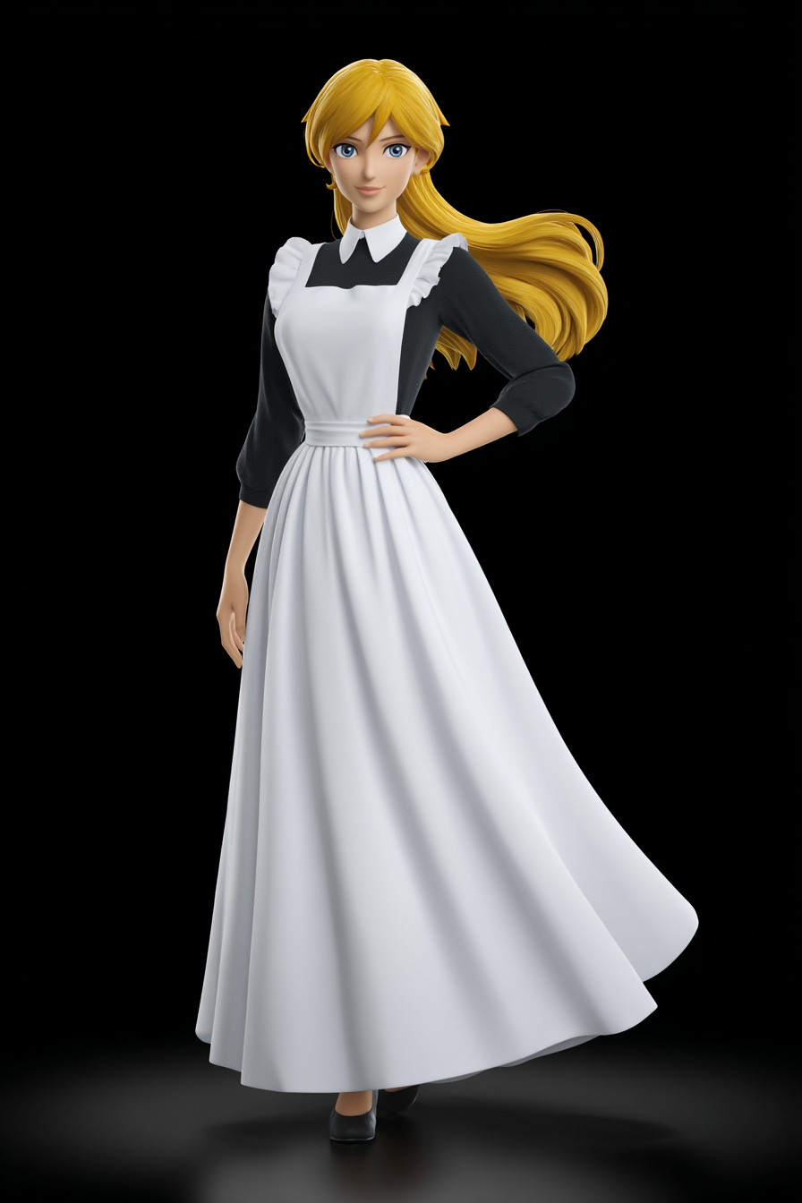 Uma garota de anime vestida com uma roupa de empregada e cabelos longos e fluidos de frente
