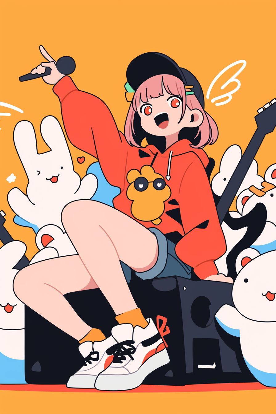 A lively anime-style girl in a red hoodie and denim shorts rocking out at a concert venue