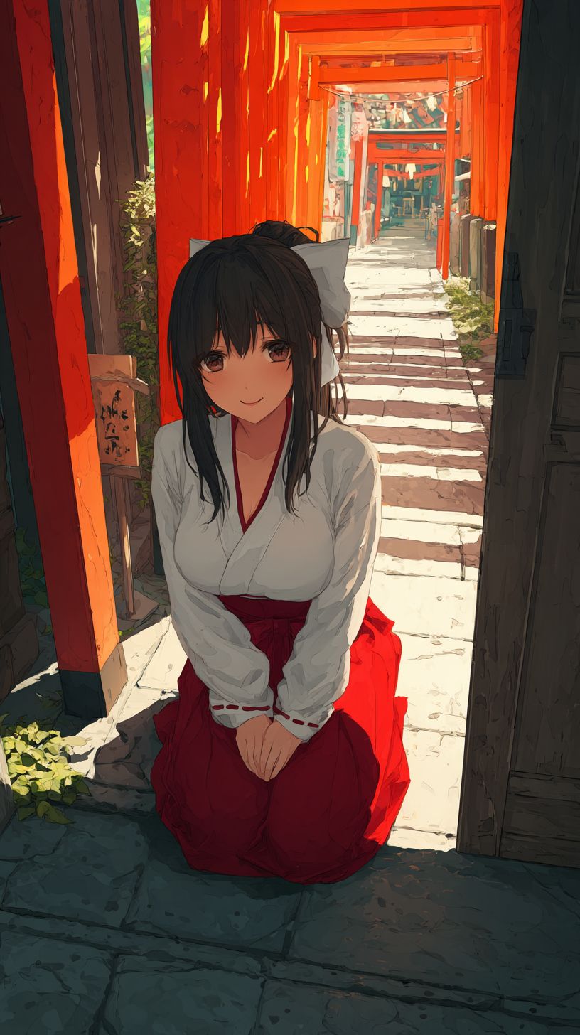 Una chica en kimono sonriendo en la entrada de un santuario