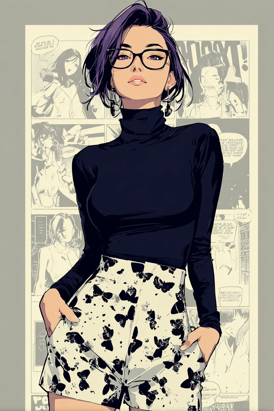 Ilustração de moda de Shinobu Kocho em um suéter de gola alta preto e saia de borboleta