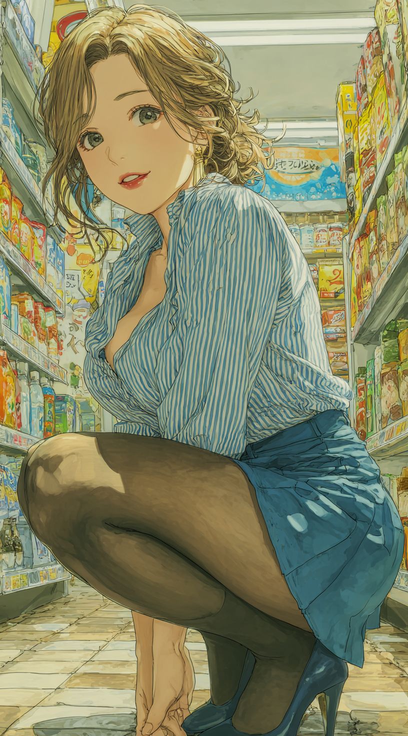 Une belle fille d'anime en uniforme de magasin de proximité, moitié en rayures bleues et blanches et l'autre moitié en chemise bleue, avec une jupe plissée bleue au genou, des bas noirs et des talons hauts, s'accroupissant pour ramasser quelque chose tout en regardant vers la caméra
