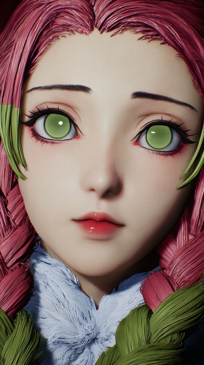 Demon Slayer's Kanroji Mitsuri has large light green eyes and long pink hair