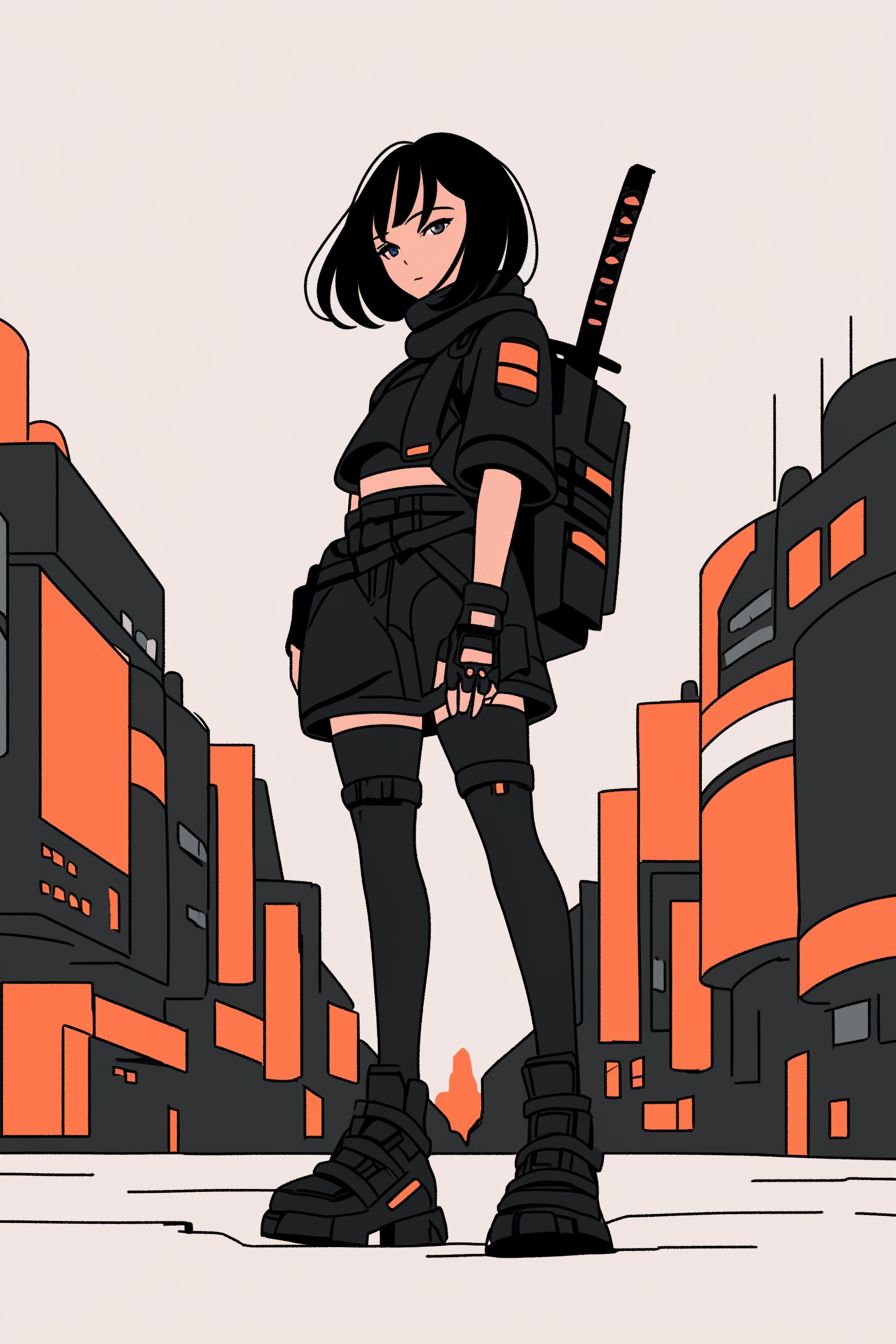 Uma garota de estilo anime estoico em um traje techwear preto em uma cidade futurista