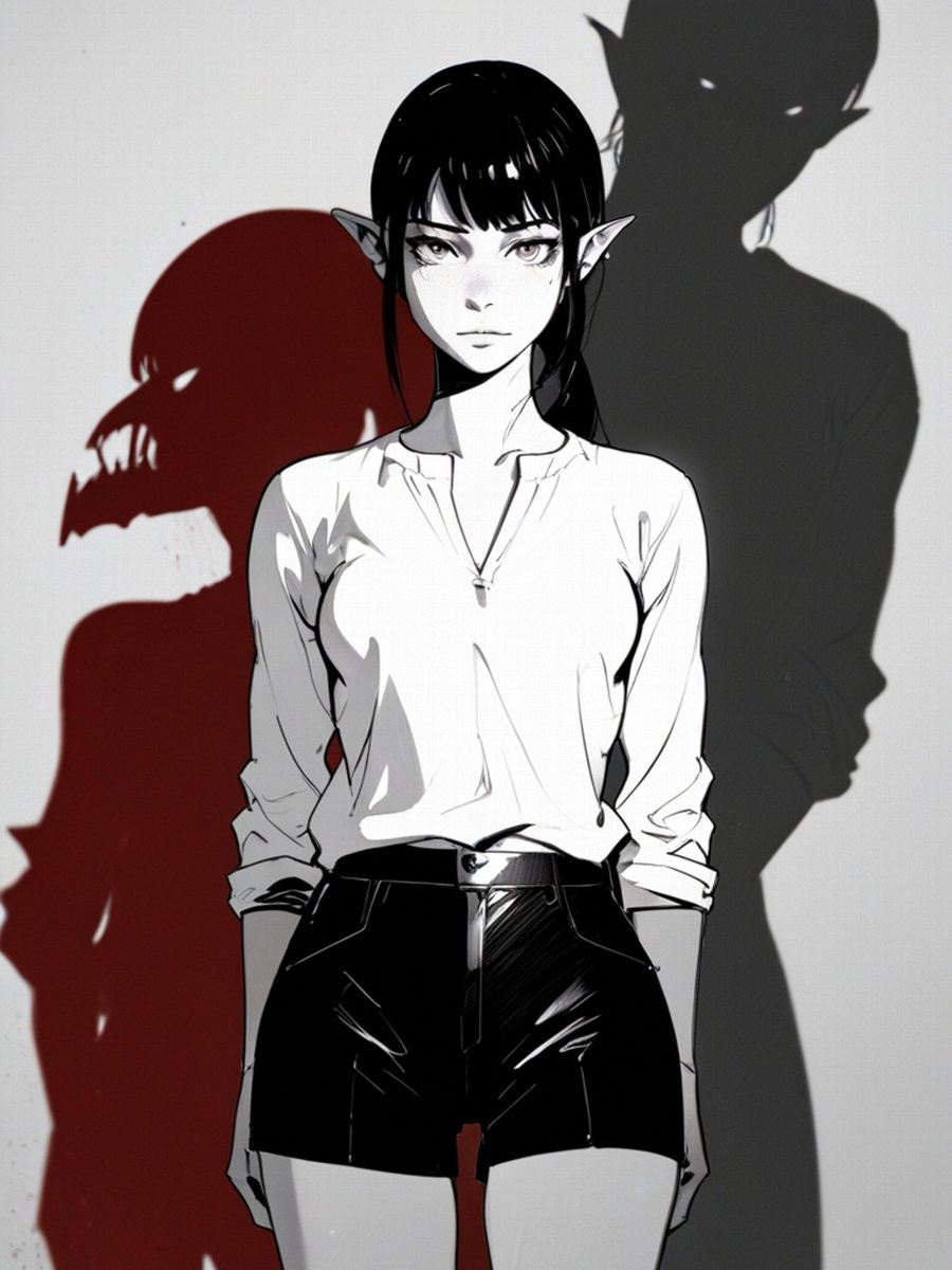 黒い長髪と尖った耳を持つ若い女性が白い長袖シャツと黒のハイウエストショートパンツを着て厳しい表情をしています