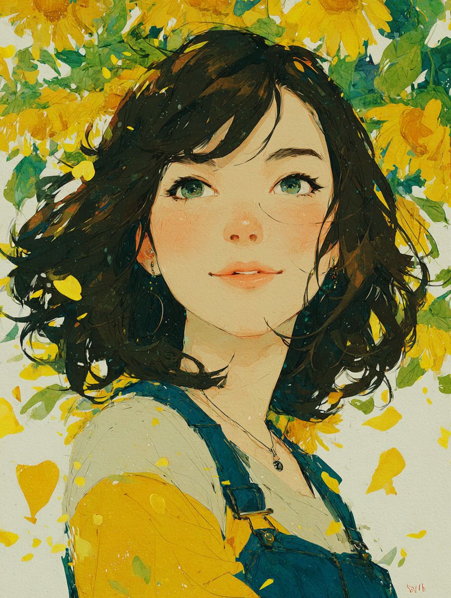 これは若い東アジアの女性を描いた穏やかなイラストで、肩までの茶色の波状の髪を持ち、笑顔で周囲にはひまわりが咲いている