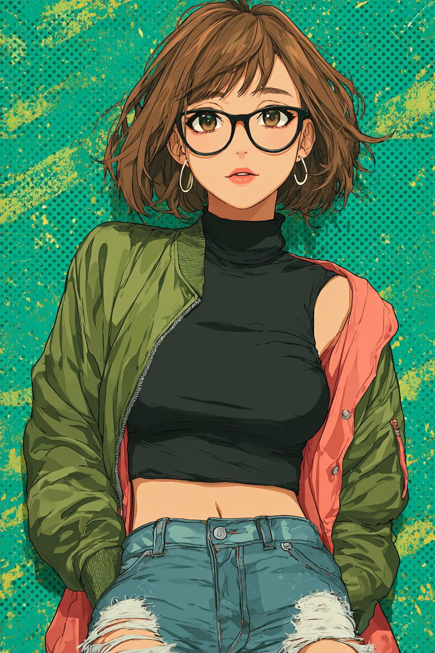 Fashion illustration of Ochaco Uraraka in a pink bomber jacket and ripped jeans