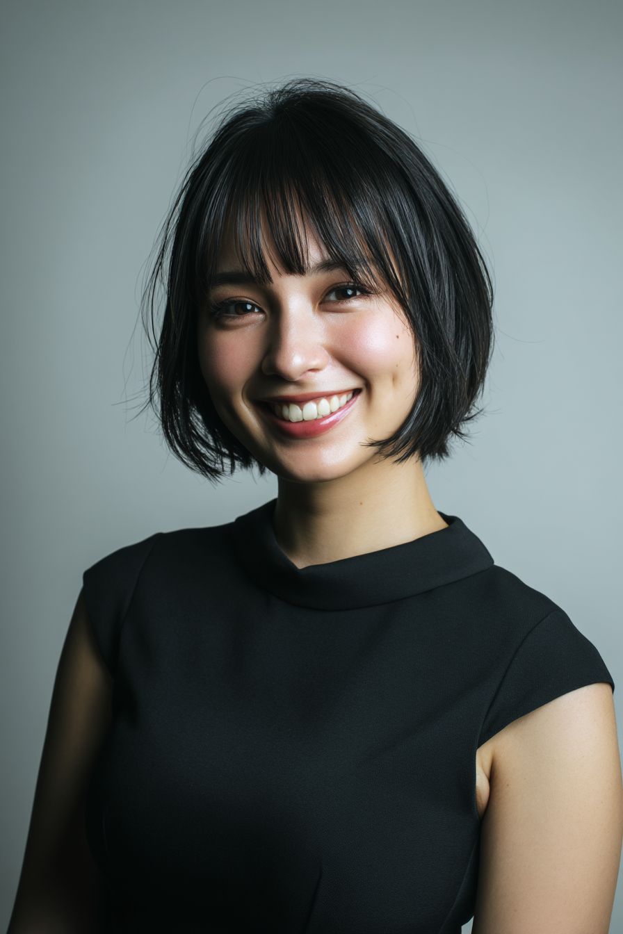 A young Japanese woman with a friendly smile in a black gothic top, suitable for a LinkedIn profile picture against a clean gray-blue background.