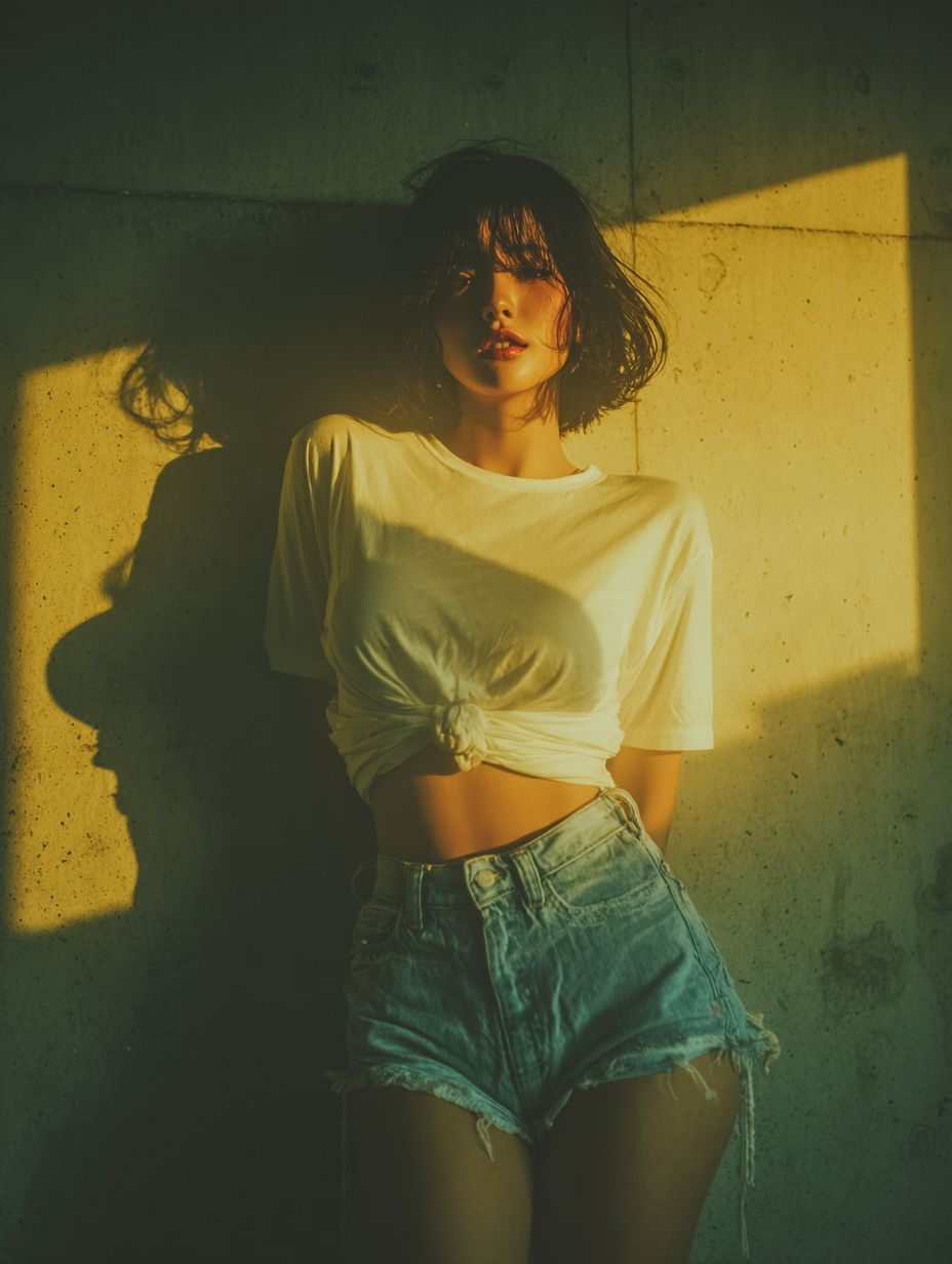 Uma mulher coreana de cabelo curto vestindo uma camiseta branca e shorts de jeans