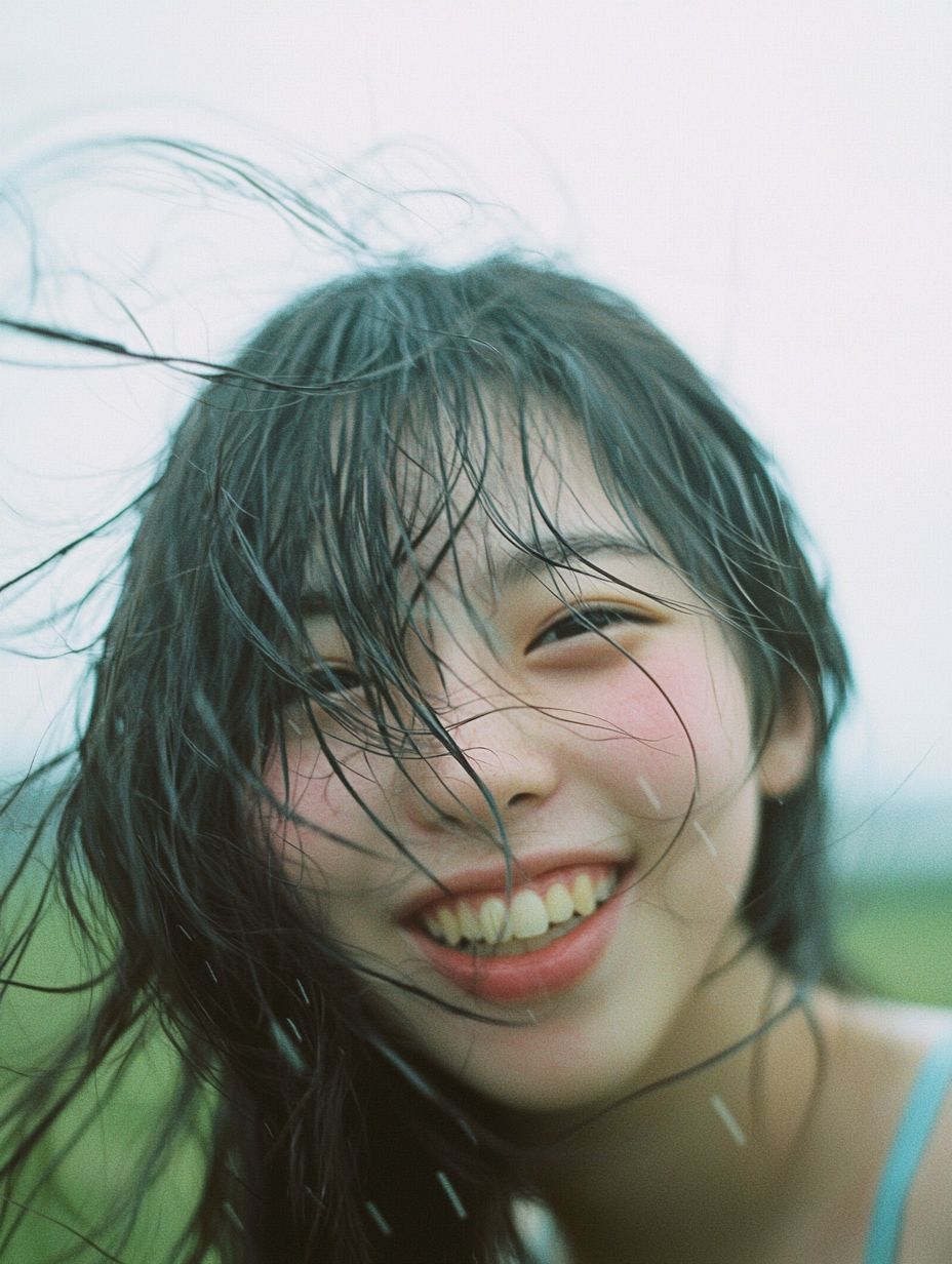 日本の少女がアウトドアの野原で微笑み、頬は赤く、髪は少し濡れていて、ノスタルジックで穏やかな雰囲気を醸し出しています。
