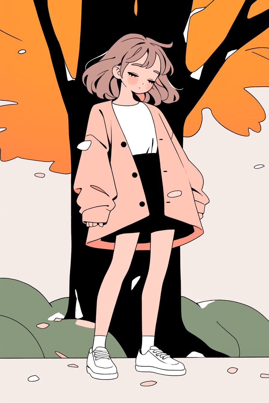 Uma garota de estilo anime sonhadora inspirada em Shoko Nishimiya de A Voz do Silêncio, vestindo um cardigan rosa suave, saia e mocassins em um parque tranquilo