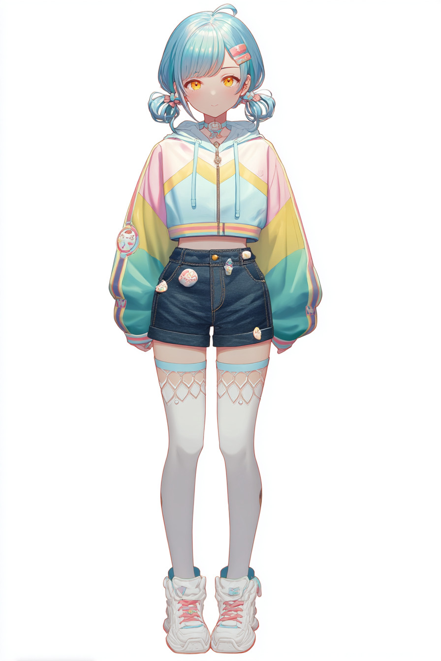 짧은 파스텔 블루 머리와 빛나는 호박색 눈을 가진 전신 정면 여성 VTuber 캐릭터로, 무지개 포인트가 있는 크롭 파스텔 윈드브레이커 재킷과 귀여운 핀으로 장식된 어두운 데님 반바지, 한쪽은 흰색, 다른쪽은 다이아몬드 패턴의 미스매치 타이 하이 스타킹, 하트 액세서리가 달린 흰색 청키 스니커즈를 착용하며, 머리와 귀의 색색의 귀여운 액세서리와 애니메이션 스타일, 생동감 있고 깔끔한 렌더링으로 흰색 배경