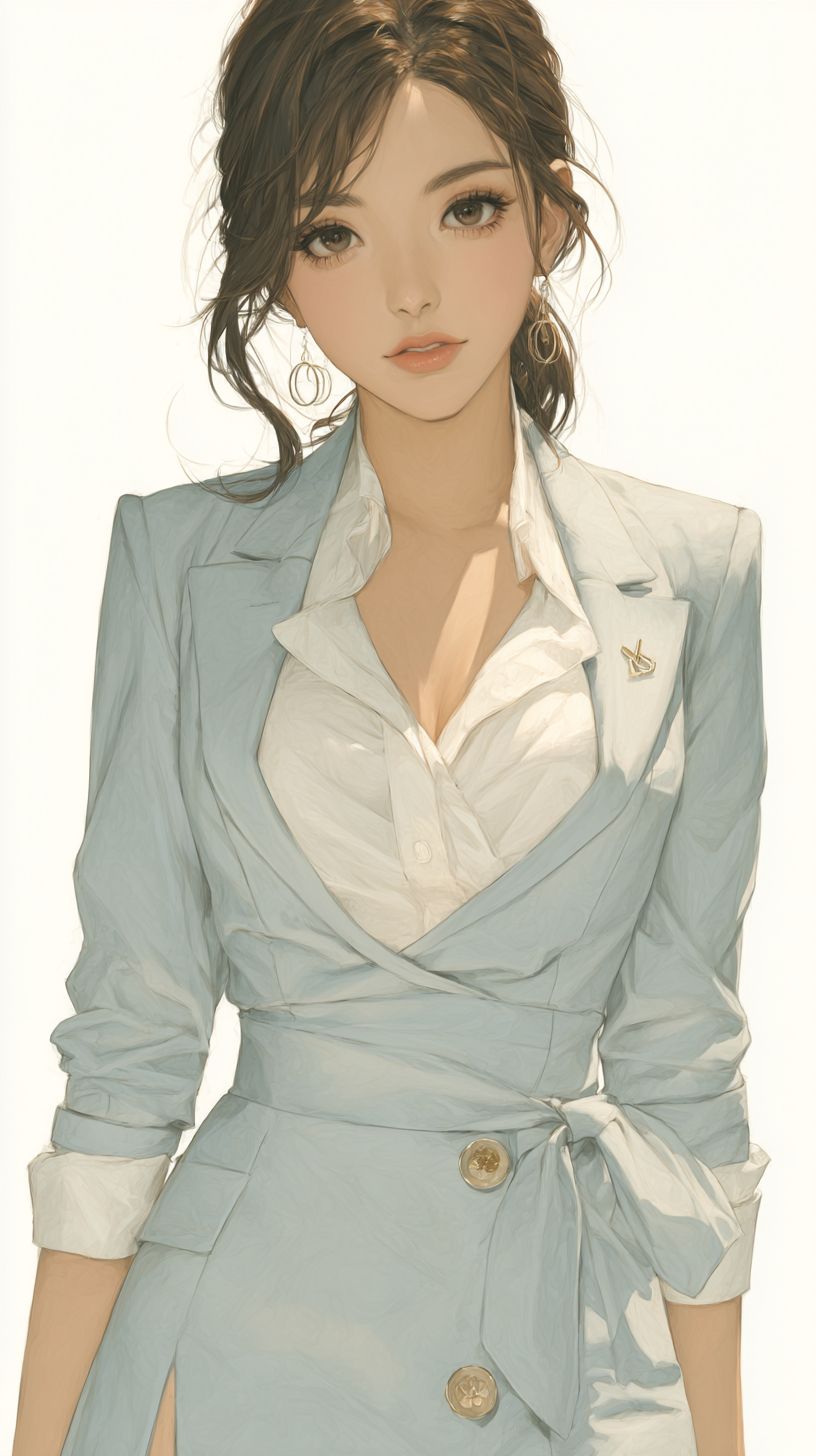 Uma elegante mulher coreana de 30 anos vestindo um blazer e saia azul pastel