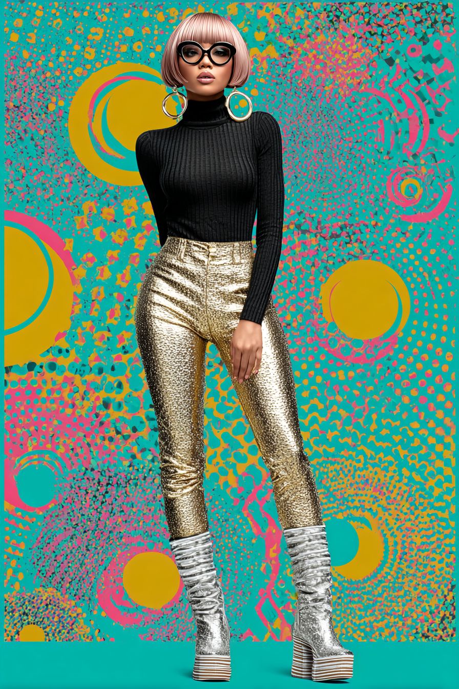Uma ilustração de moda de Nicki Minaj em um macacão preto e leggings dourados metálicos