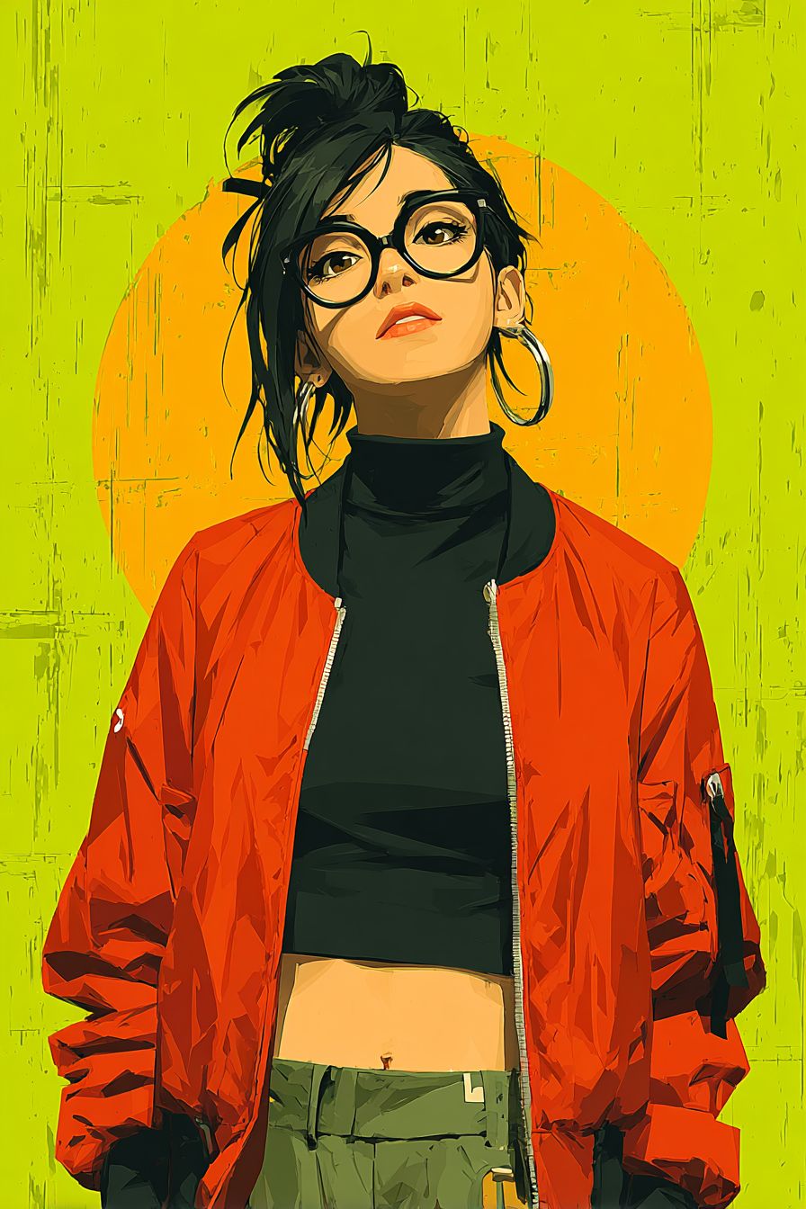 Momo Yaoyorozu exibe estilo urbano com uma jaqueta bomber vermelha e calças cargo pretas