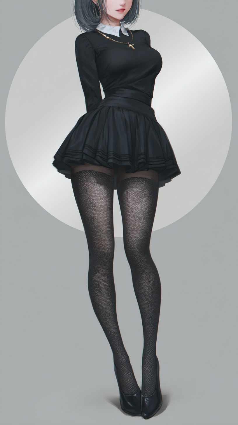 Anime girl wearing a short skirt and black stockings with a solid color background