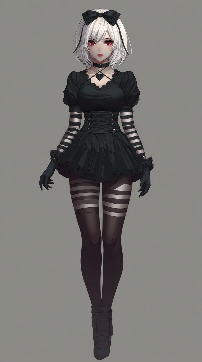 A cute goth girl with white hair and red eyes wearing black tights and a short skirt