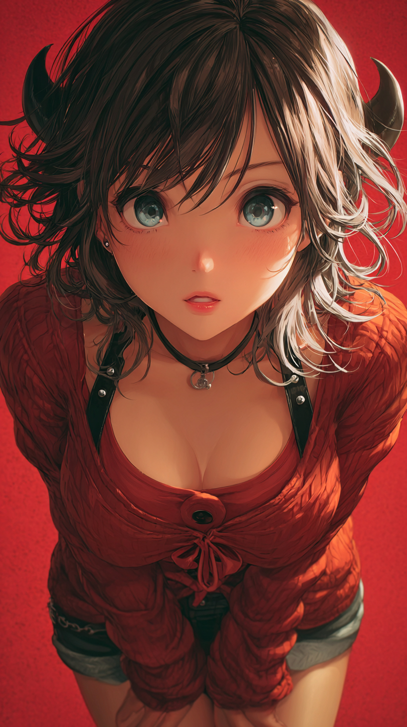 Primer plano de una atractiva chica demonio con fondo rojo