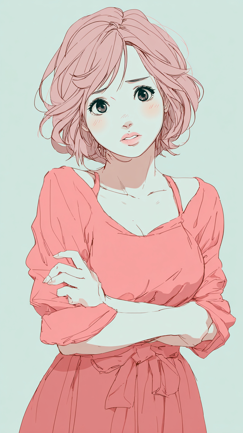 Una chica de estilo anime tímida en una pose tímida