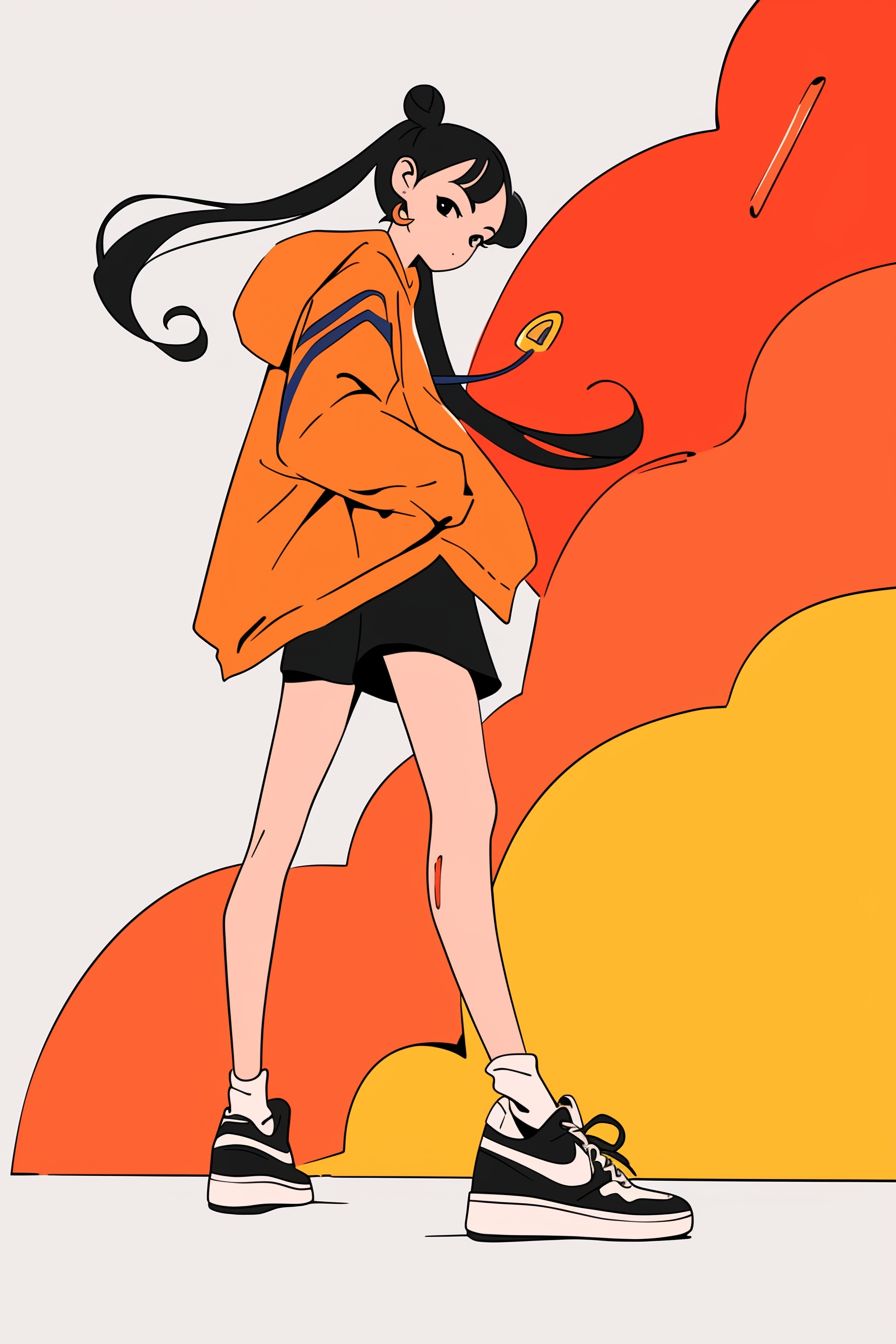 Ein lebhaftes Mädchen im Anime-Stil in modernen, trendigen Outfits