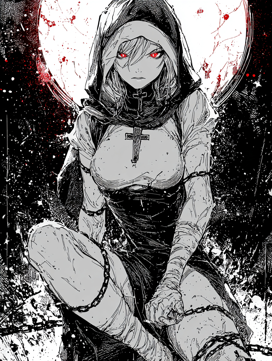 Nonne féminine en style manga, noir et blanc, avec des yeux rouges et une peau pâle