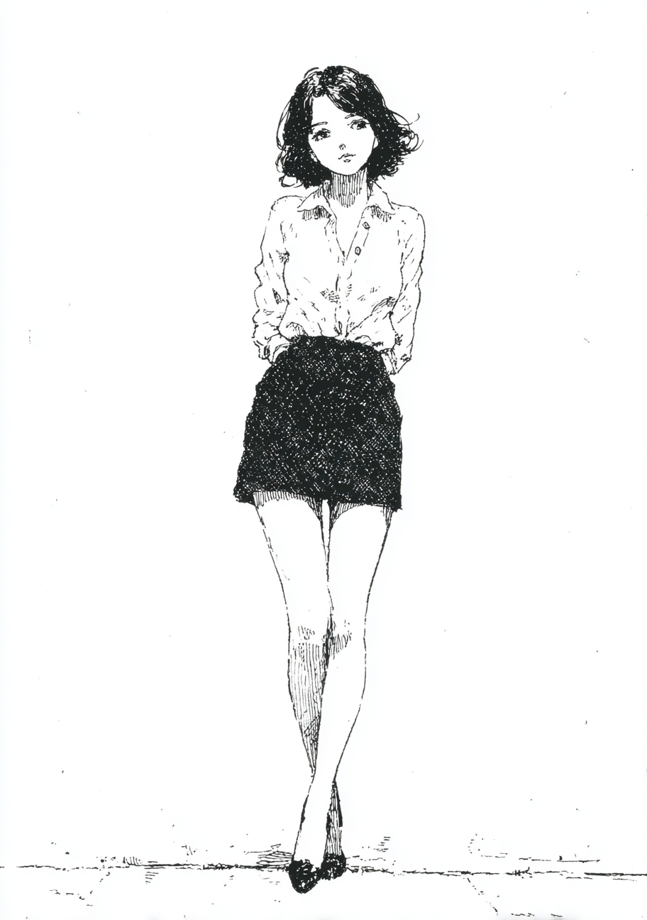 Chica japonesa de 21 años con una blusa de botones chic, minifalda y tacones altos