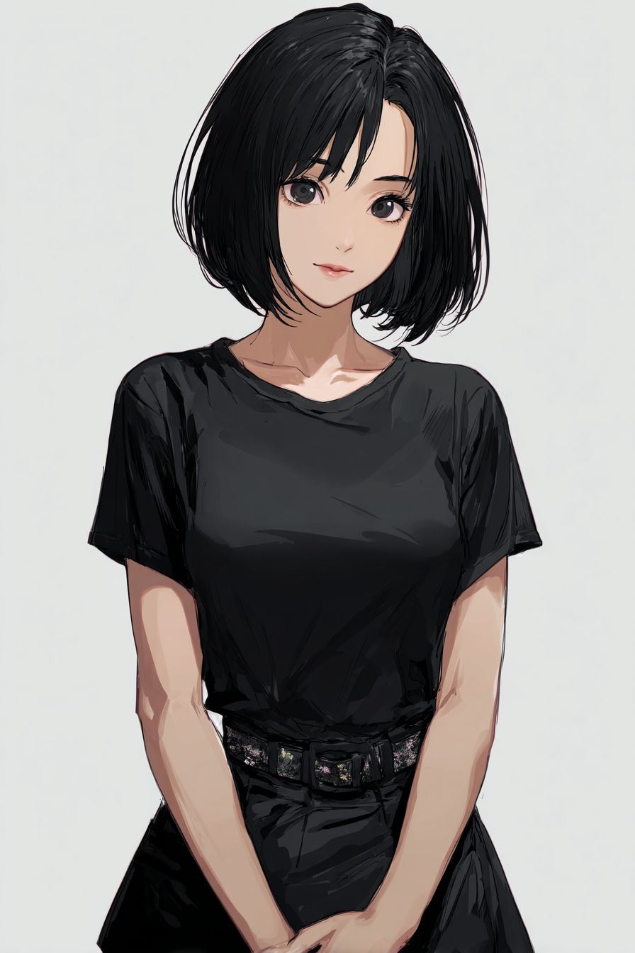 A 16-year-old Japanese high school girl with black bob-cut hair, very kind and honest, wearing casual home clothes