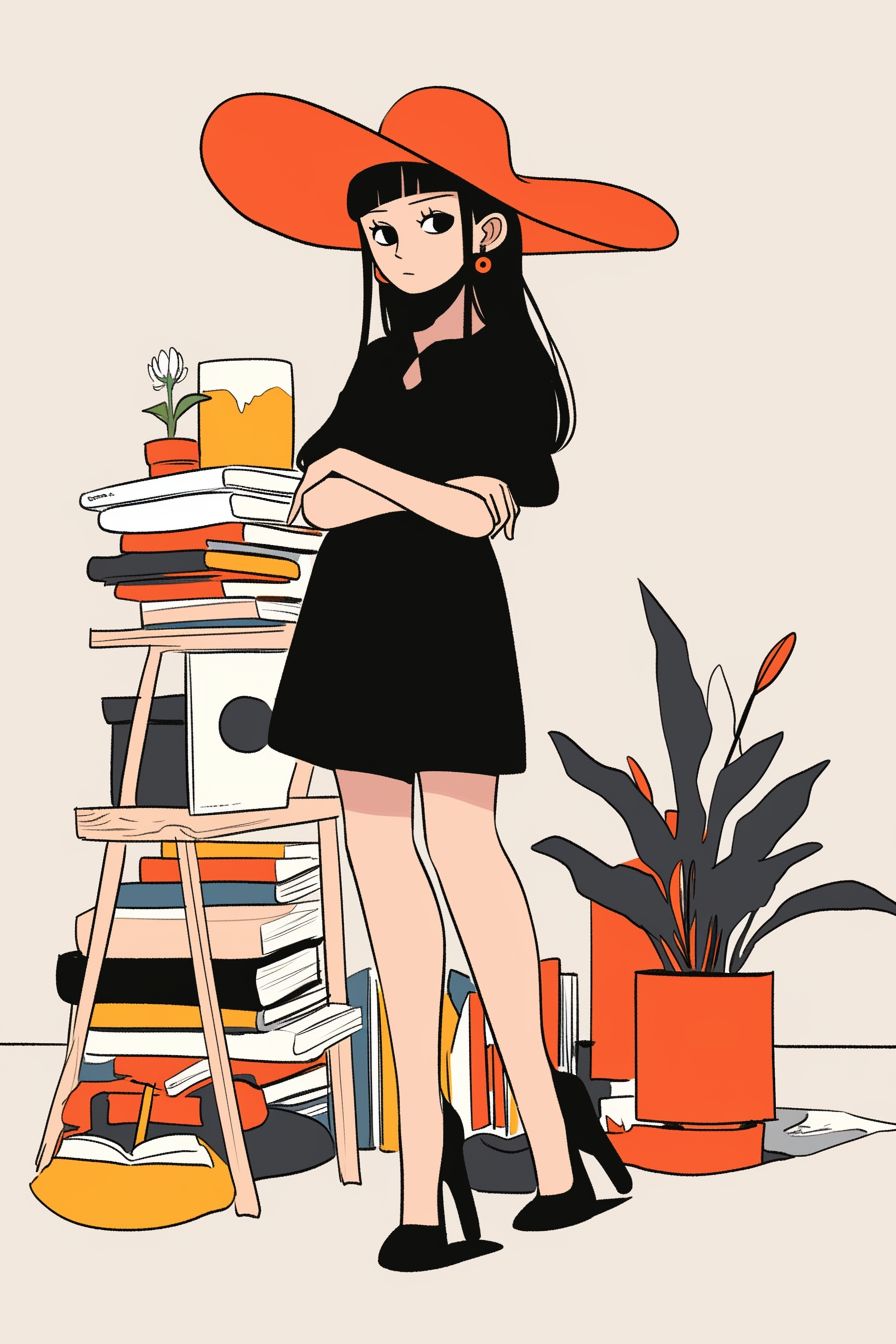 Une fille au style anime inspirée de Nico Robin de One Piece, portant une robe noire chic, un chapeau à large bord et des talons, dans une librairie élégante