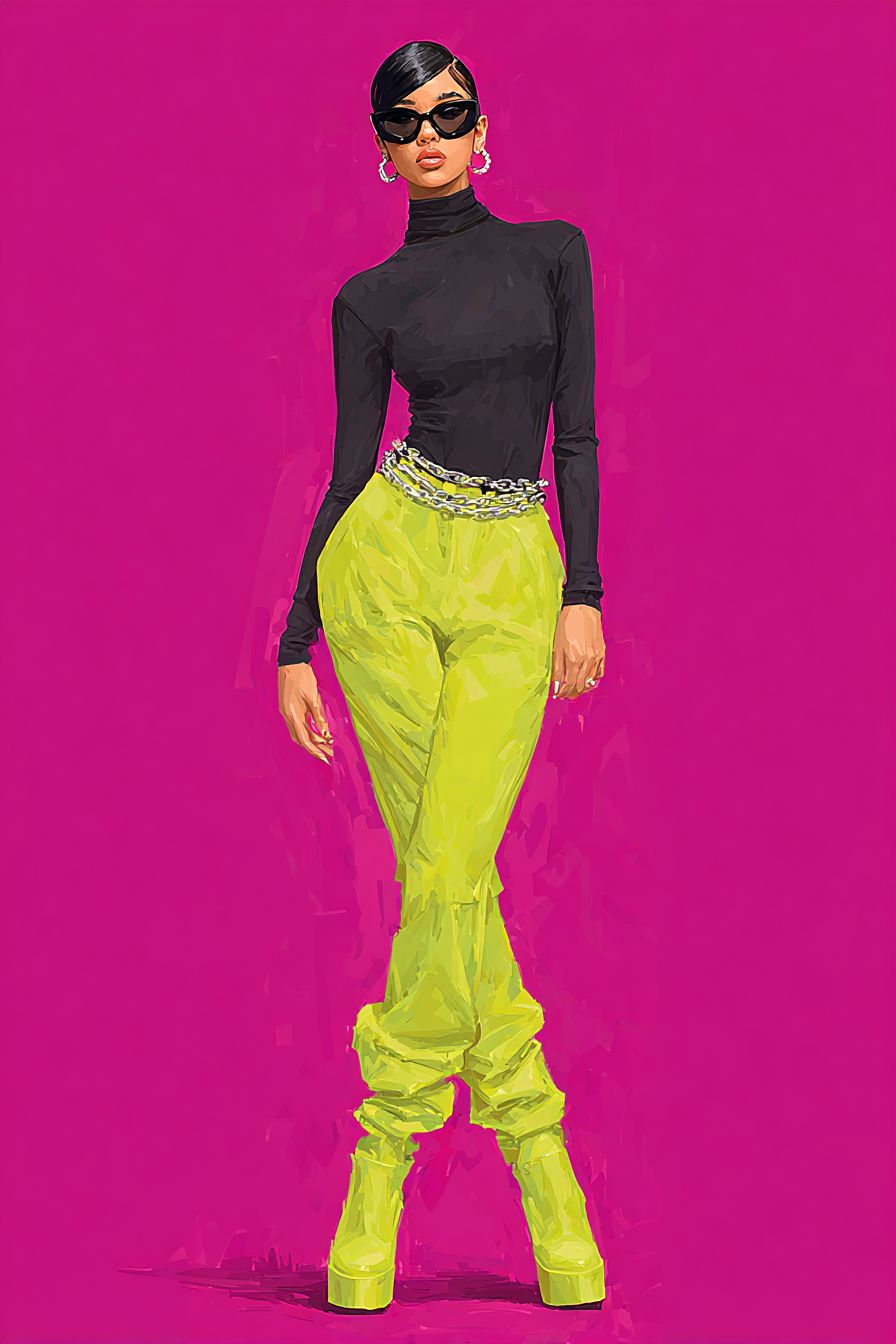 Cardi B veste um bodysuit preto com calças verdes neon, óculos de grife pretos e brincos de corrente prateados que mostram a moda de rua